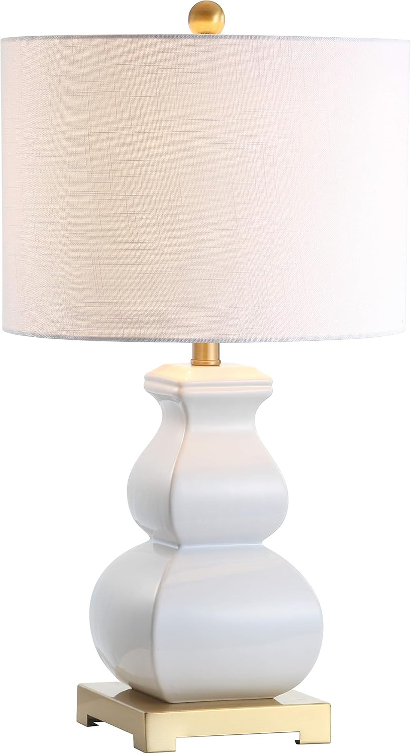 25.5" White/Gold Ceramic Table Lamp Bedroom, White Linen Shade, Modern Footed Vase Bedside Lamp, LED Bulb Included