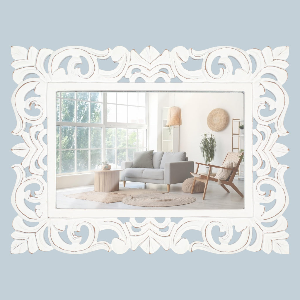 Lightnpro Hand Carved Rectangular Wall Mirror - 18×24 Inch Rustic Farmhouse Wood Frame with Antique White Finish