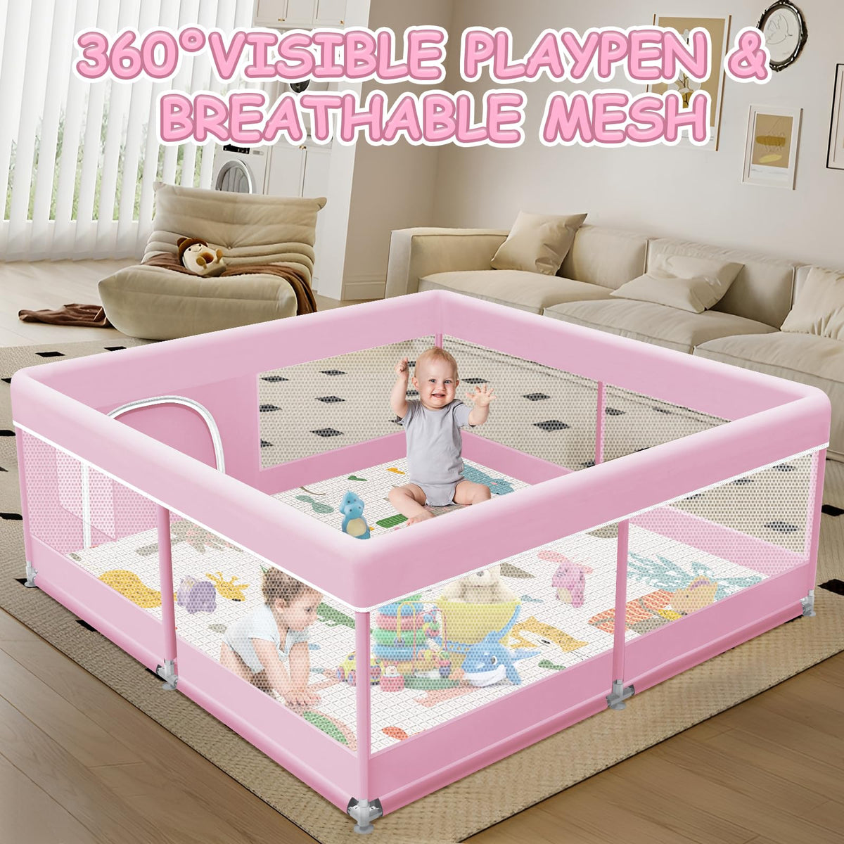 Baby Playpen with Mat, 50 x 50 Inch Playpen for Babies and Toddlers, Baby Playard for Indoor & Outdoor Active Center