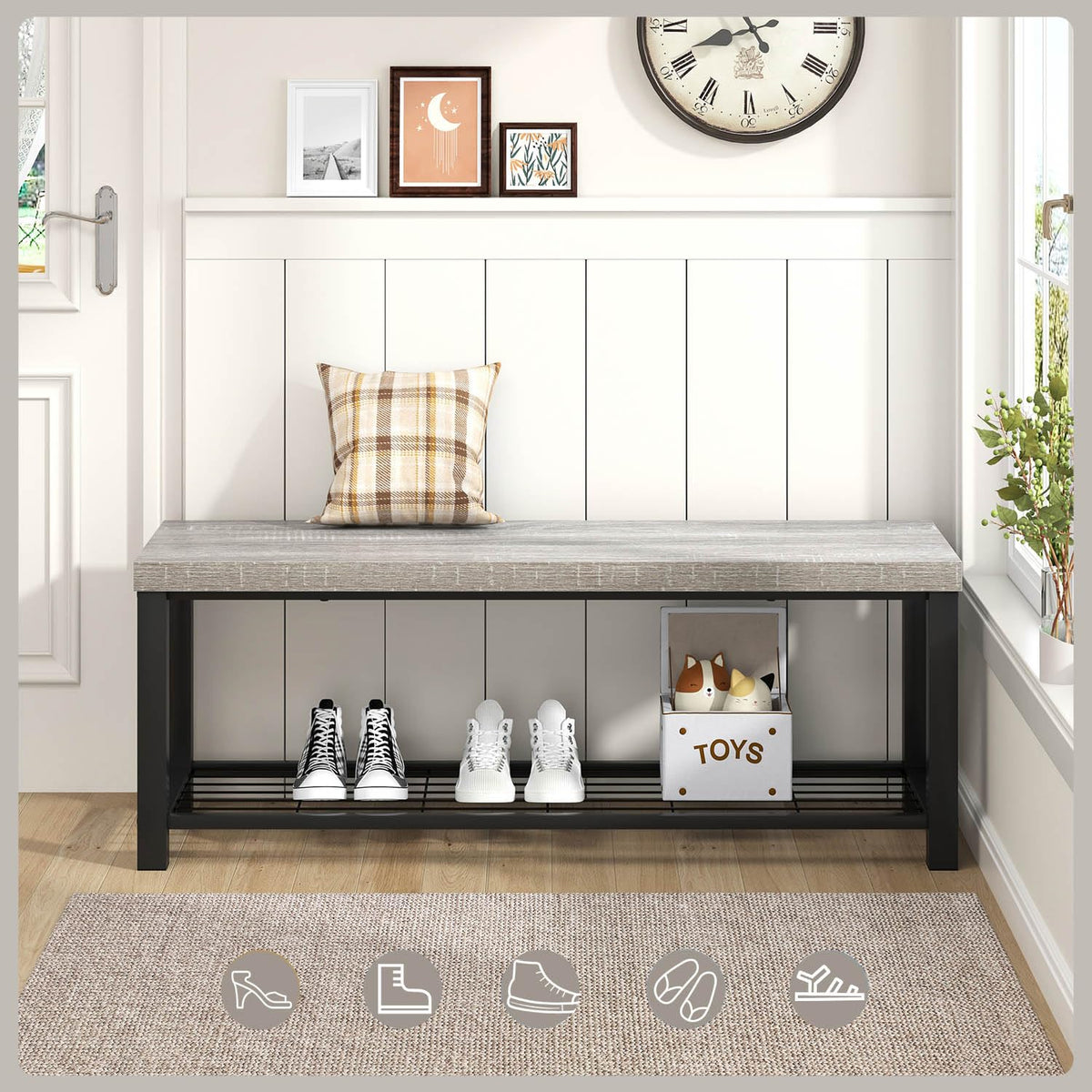 Entryway Bench, Rustic Wood and Metal Shoe Storage Bench Front Door Entrance, Industrial Indoor Bench Living Room