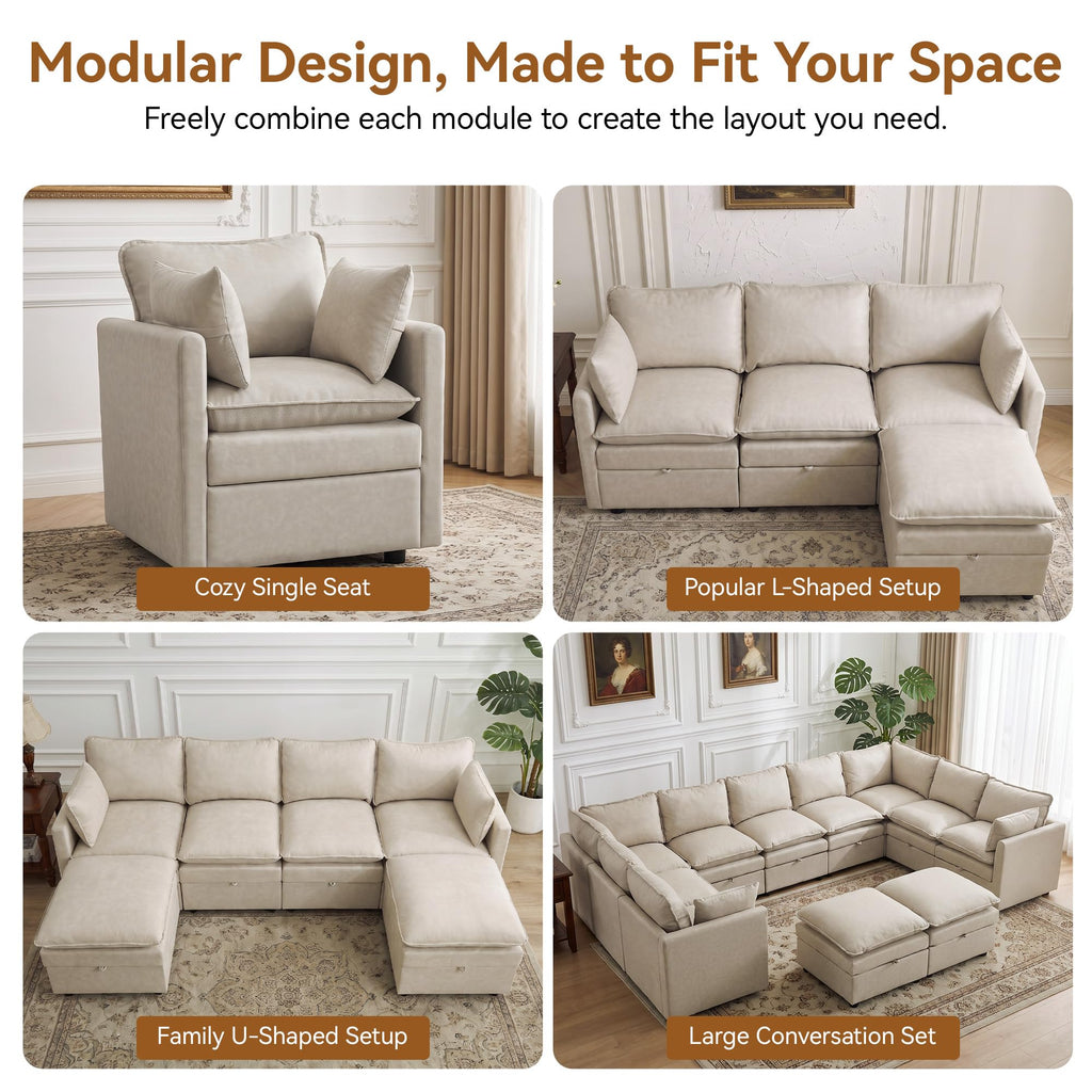 105" Beige Faux Leather Storage 4 Seater Sofa with 2 Ottomans, Comfy Couch