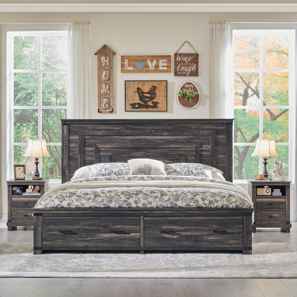 54" Tall Farmhouse Wood Bed Frame with Headboard, Dark Rustic Oak