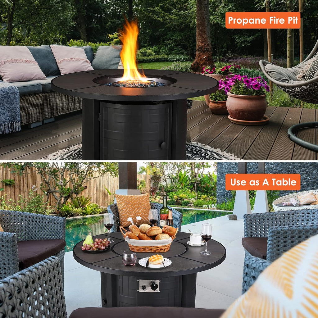 Propane Fire Pit Table 42 Inch Round – 50,000 BTU Outdoor Fire Pit with Lid, Converts to Patio Coffee Table, Certified, Includes Waterproof Cover & Blue Fire Glass