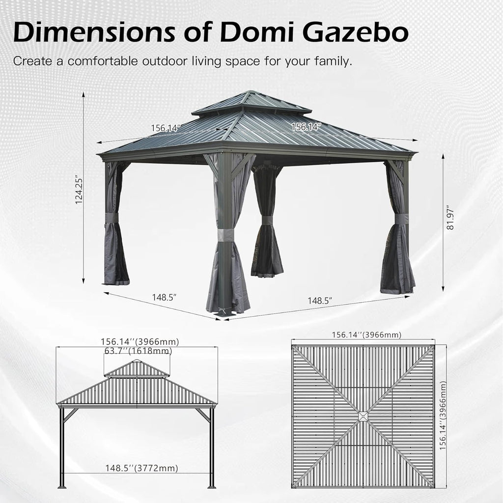 13x13FT Outdoor Gazebo, Hardtop Gazebo with Galvanized Steel Double Roof
