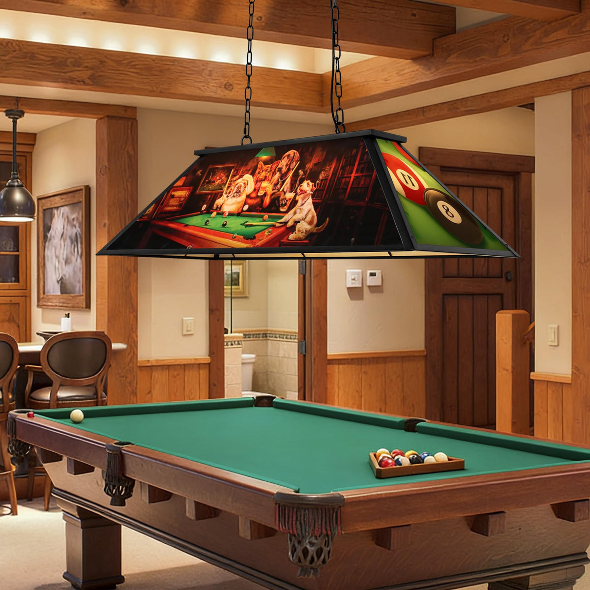 Tiffany Pool Table Lights Hanging Over Pool Table