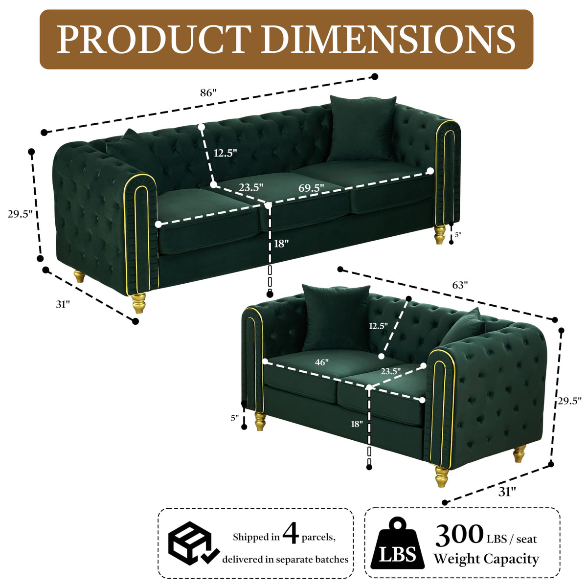 Chesterfield 86" 3-Seater + 63" Loveseat Green Sofa Sets, 3+2-Seater Couch Comfy Sofa, Button Tufted Rolled Arms and
