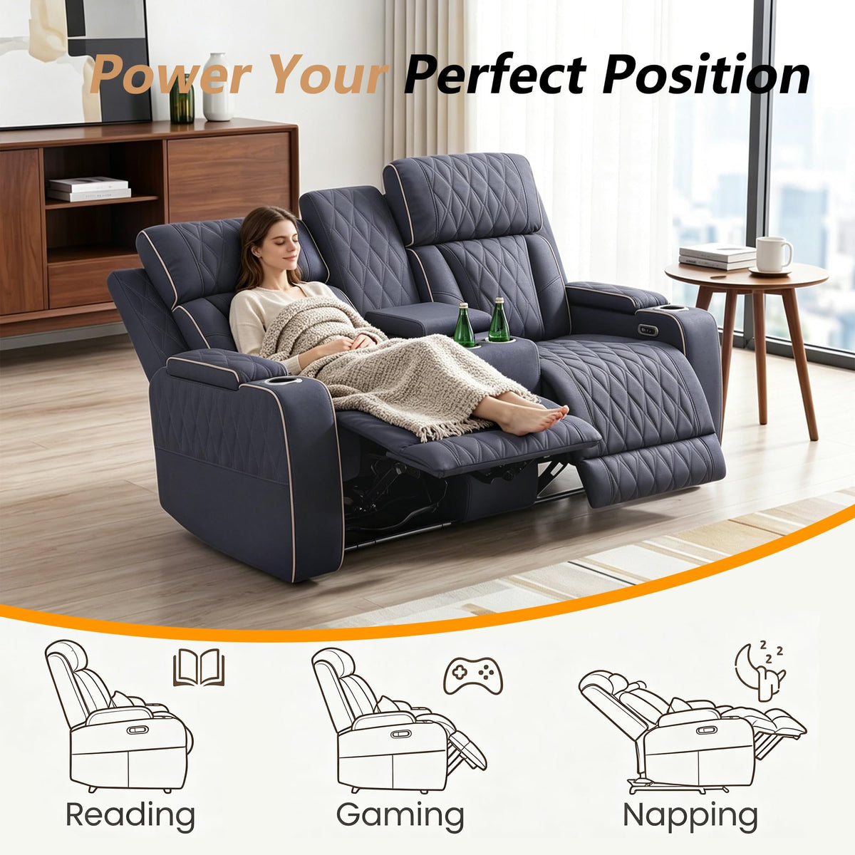 Leather Power Recliner Sofa Set with LED, 3 Piece Living Room Furniture Set, Breathable Leather Reclining Sofa Set