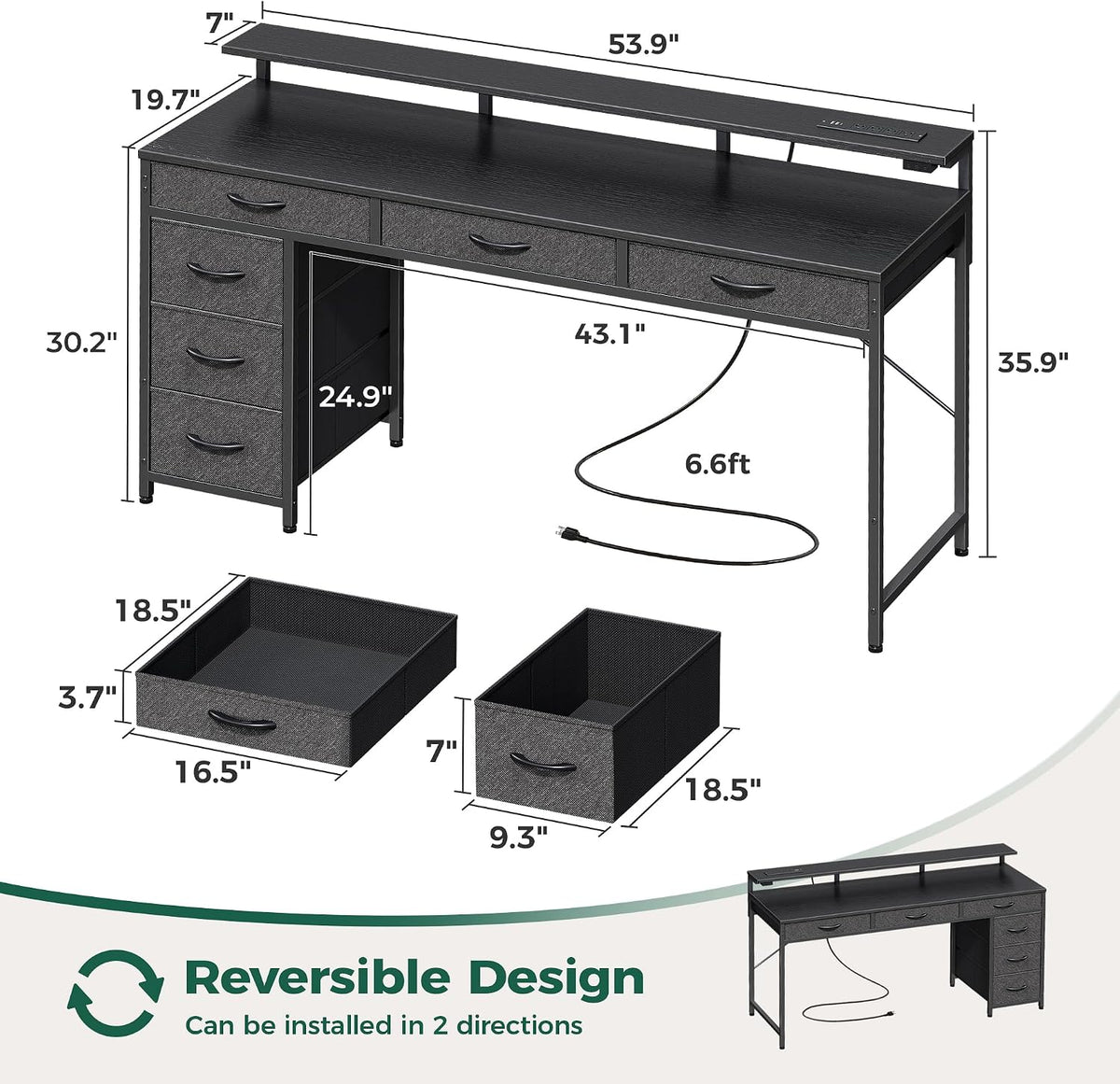 Gaming Desk with 6 Drawers, Computer Desk with LED Lights Power Outlets and Type-C, 55 Inch Office Desk with Storage