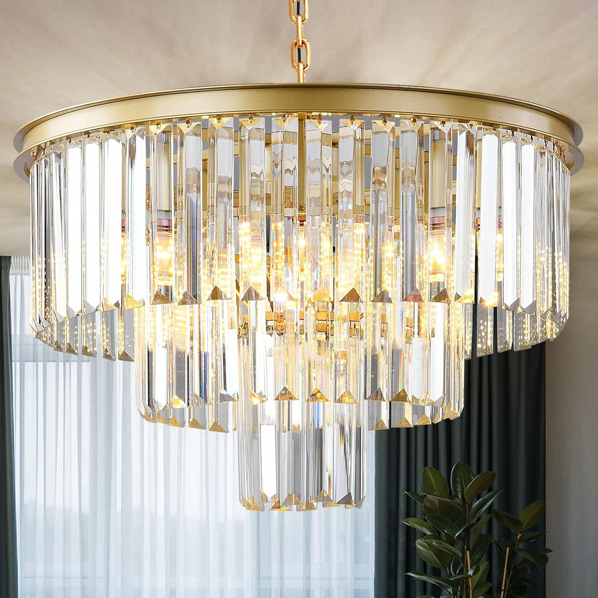 Three-Tier Round Gold Crystal Flush Mount Chandelier for Foyers