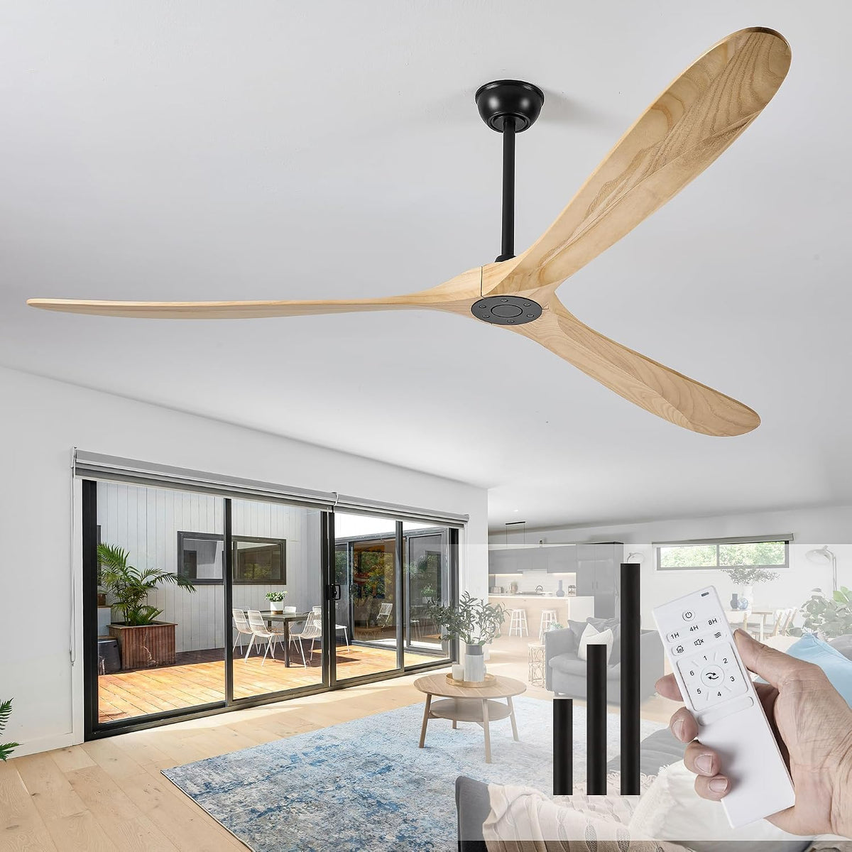 Inspired Maverick Style 84" Ceiling Fan No Light, 3 Solid Wood Blades, Matte Black Motor, Quiet Reversible DC Motor with Remote Control