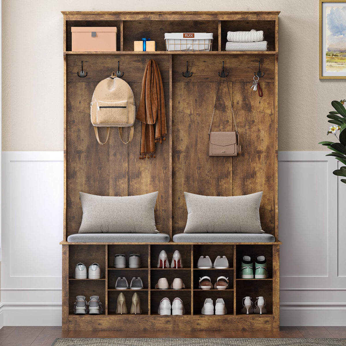 Hall Tree with Bench and Shoe Storage, 53" Farmhouse 4-in-1 Mudroom Storage Organizer with Coat Rack, 6 Hooks, 12