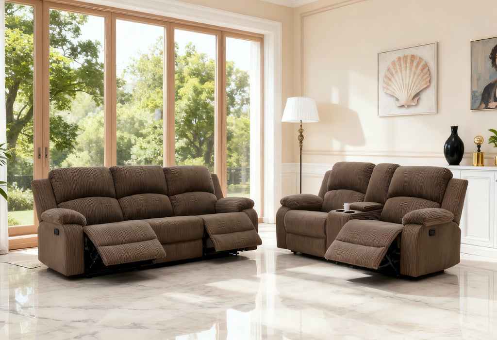 Reclining Sectional Sofa Set with Cup Holders, 2PCS Living Room Furniture Sets, Corduroy Recliner Sectional Sofa Set