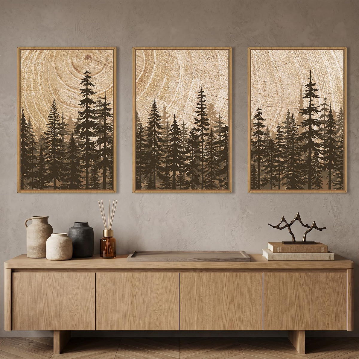 Pine Tree Framed Canvas Wall Art Set, Natural Woodland Landscape Wall Decor, Large Retro Forest Painting, Vintage