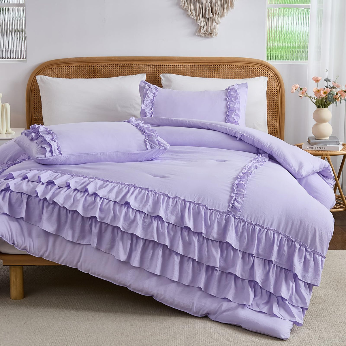 Light Purple Comforter Set King Size, Waterfall Ruffle Shabby Chic Bedding Set, Soft Fluffy Boho Comforter Set for All