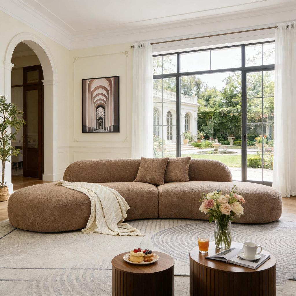 135.4" Oversized Luxury Curved Sofa, Modern Sectional Couch Boucle, Camel