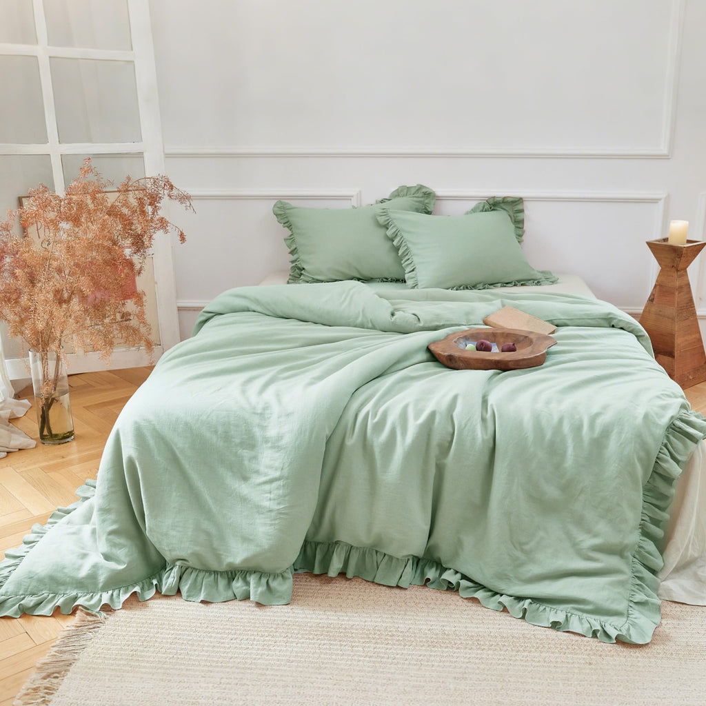 Ruffled Linen Cotton Duvet Cover Set 3Pcs, Breathable Natural Blend with Feminine Ruffle Accents (1 Duvet Cover & 2