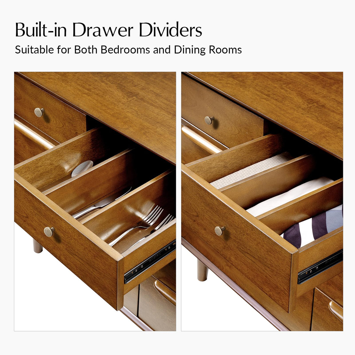 7 Drawer Dresser, 52" Wide Mid-Century Modern Chest of Drawers with Built-in Drawer Dividers, Wooden Bedroom Drawer
