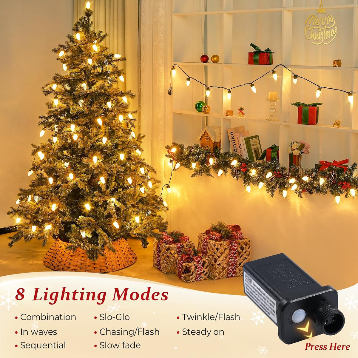 100 LED C9 Christmas Lights Outdoor: 66 FT 8 Modes Plug in Connectable C9 Warm White Christmas Lights for Tree Roof