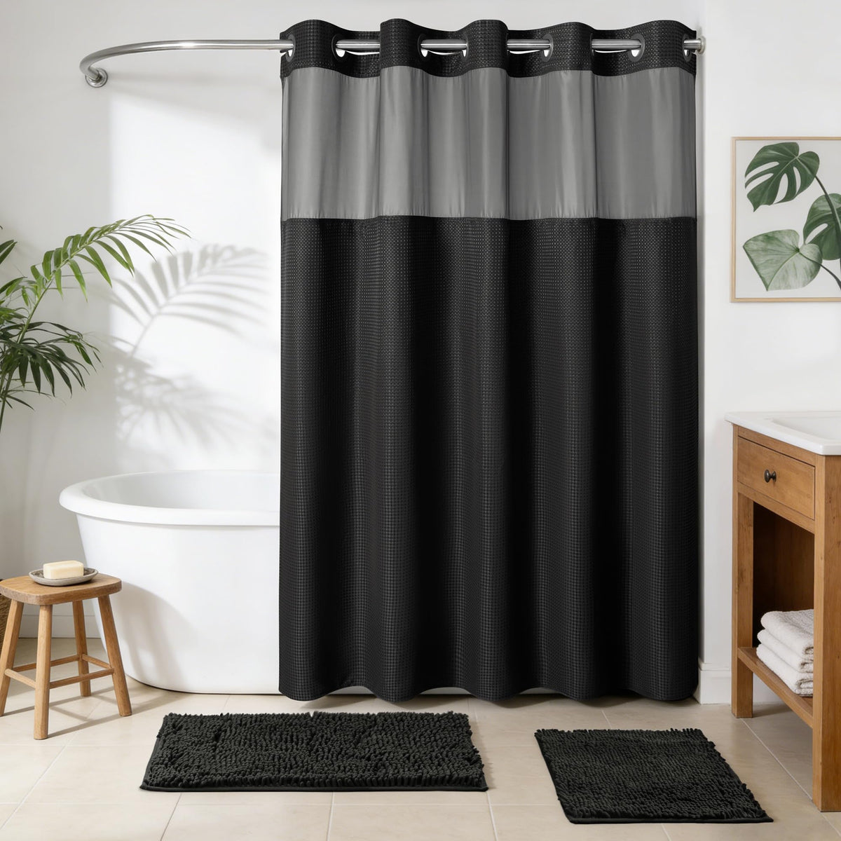 No Hook Waffle Shower Curtain Set with Liner & Rugs Black
