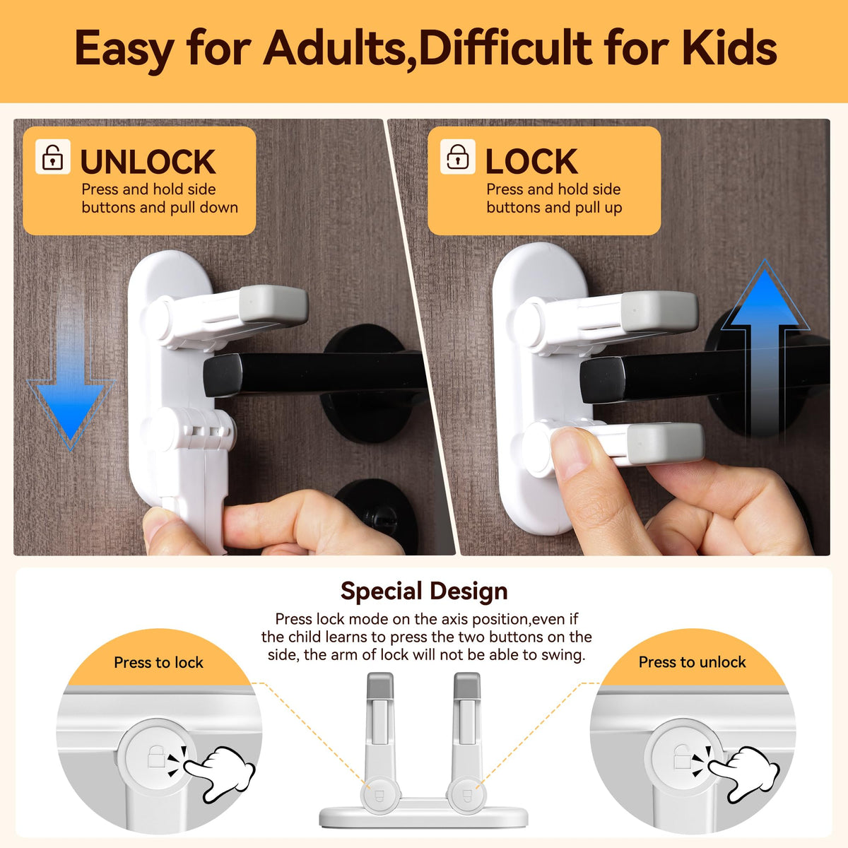 4 Pack Snap-On Door Handle Lever Locks, Child Safety Door Handle Stopper for Baby, Autism Kids-Dual Lock System, No