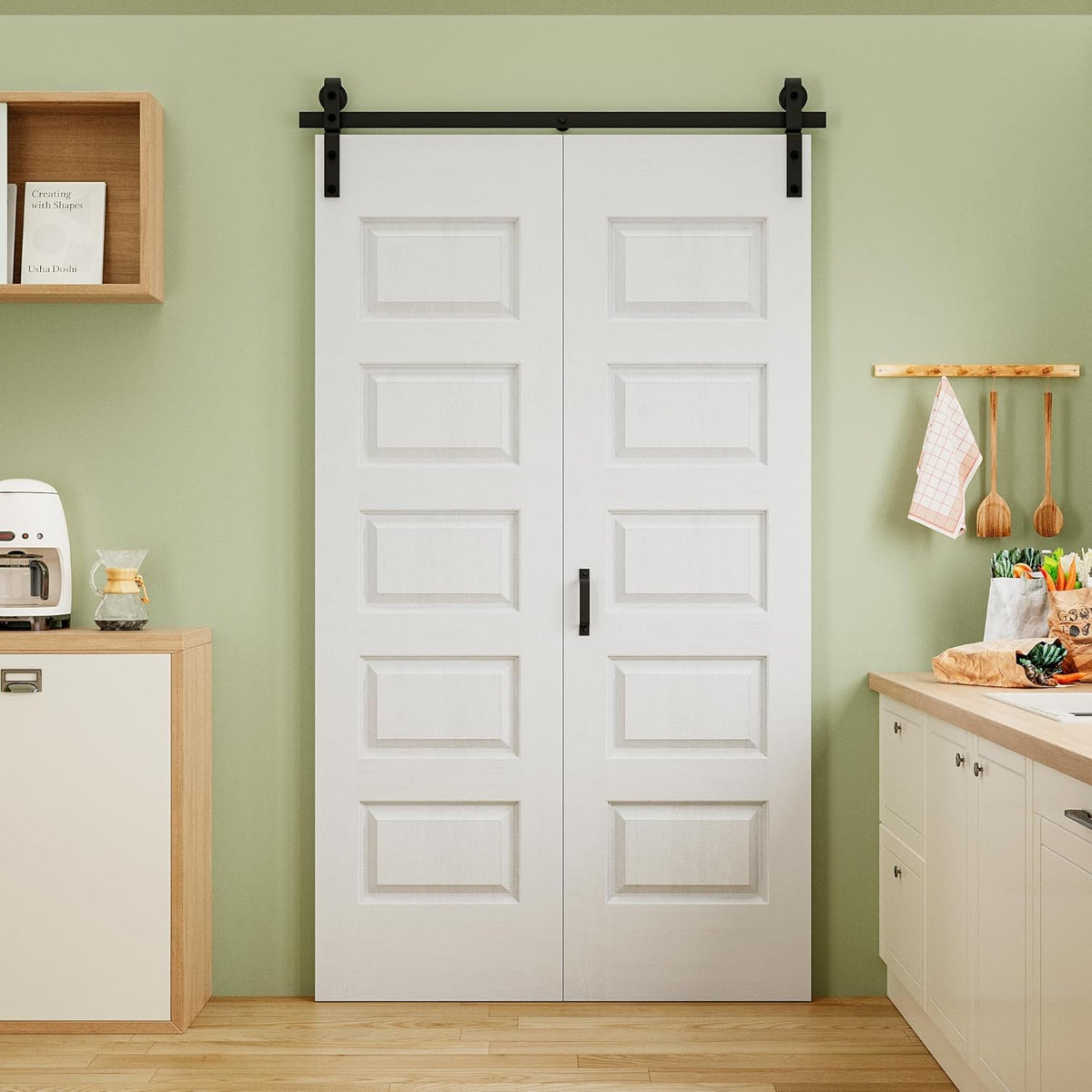 60" x 84" Pre-Assembled 5 Raised Panels Bifold Barn Door, Paintable White Primed Pre-Finished Bi Fold Barn Door and