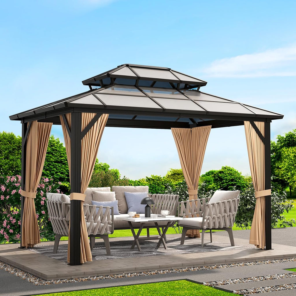 12'x10' Hardtop Gazebo, Heavy Duty Aluminum Permanent Hardtop Gazebo Outdoor Pavilion with Curtains and Netting (Khaki