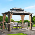 12'x10' Hardtop Gazebo, Heavy Duty Aluminum Permanent Hardtop Gazebo Outdoor Pavilion with Curtains and Netting (Khaki
