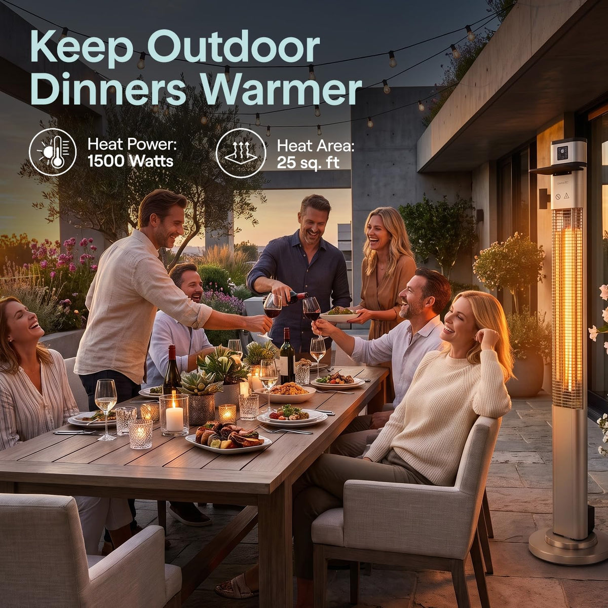 Infrared Patio Heater, 1500W Electric Standing with Remote Control, IP44 Approved, Odorless, Three Power Settings