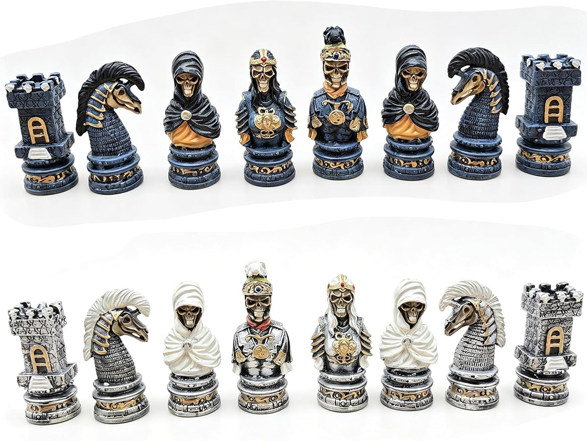 Medieval Gothic Skeleton Knights Chess Set, Hand Painted Undead Skull Resin Chess Pieces with Wooden Drawer Storage