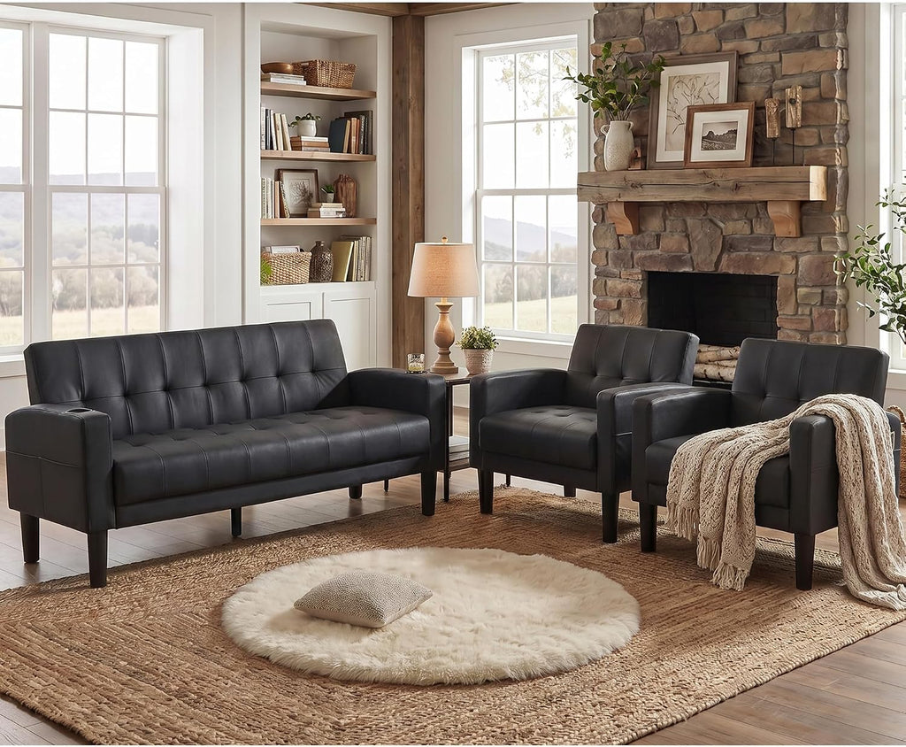 Sofa Couch, Living Room Furniture Sectional Sofa Sets 3 Pcs, Tufted Mid-Century Loveseat w/USB, Cupholders & Comfy