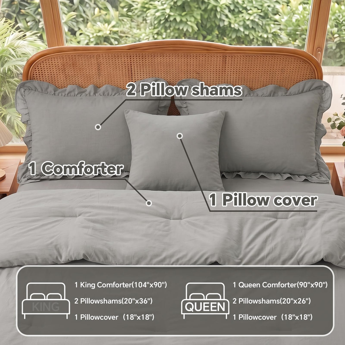 Grey Ruffle Comforter, 4 Pieces Farmhouse Bedding Set