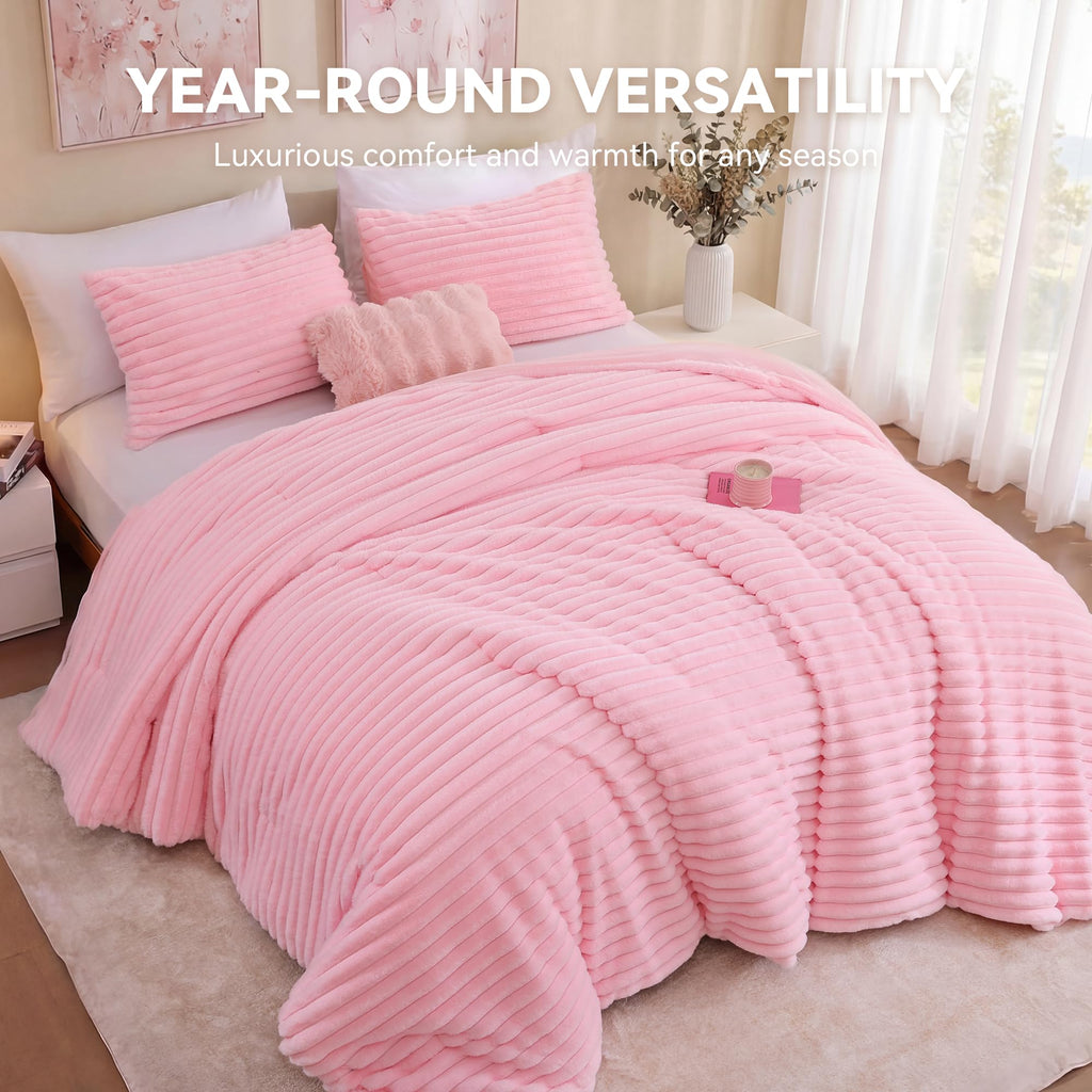 Fluffy Comforter Sets, 3 Pieces Soft Faux Fur Bed Set, Pink