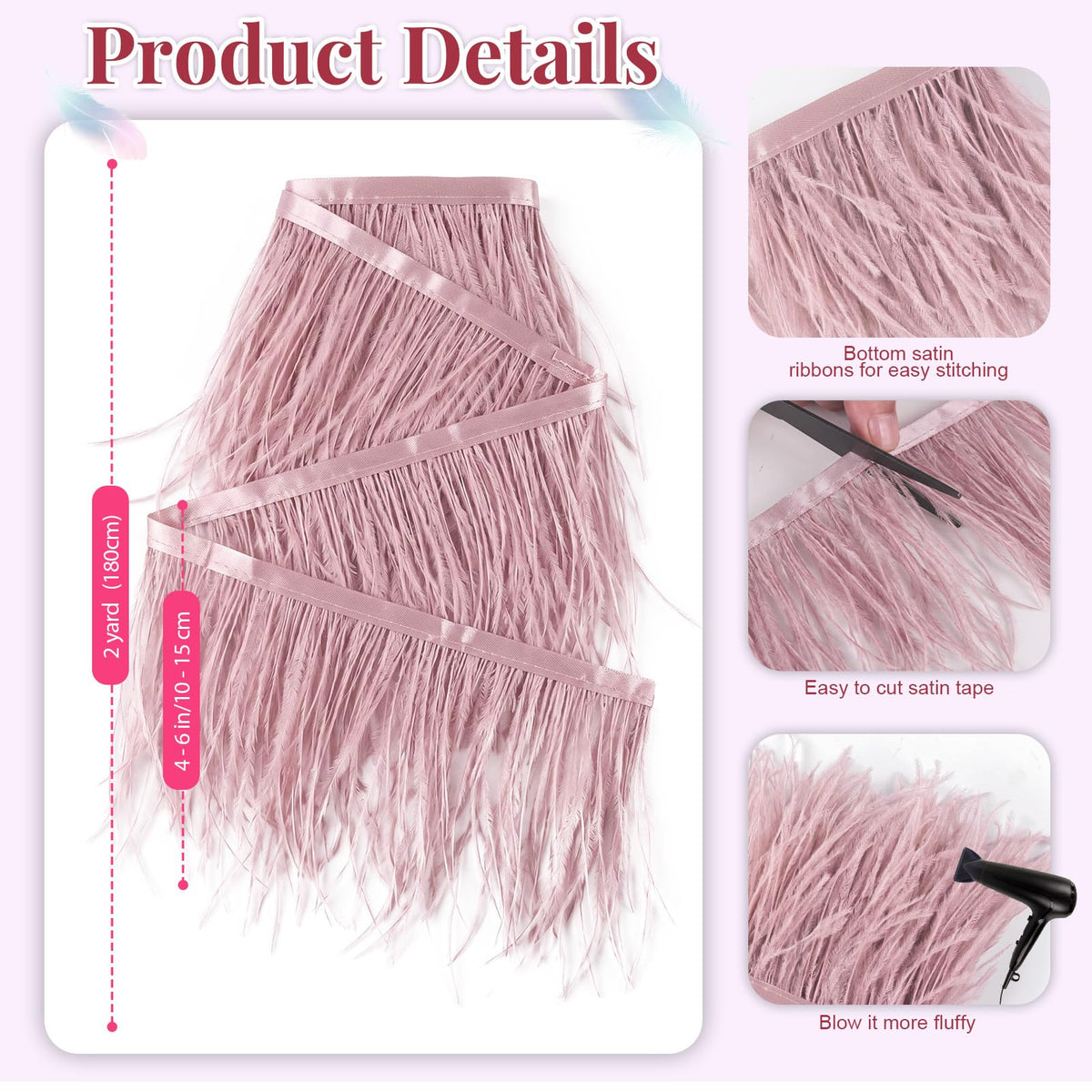 Lotus Pink Ostrich Feathers Trim Sewing Fringe 2Yard 4-6inch for DIY Dress Sewing Craft Clothing Latin Wedding Dress
