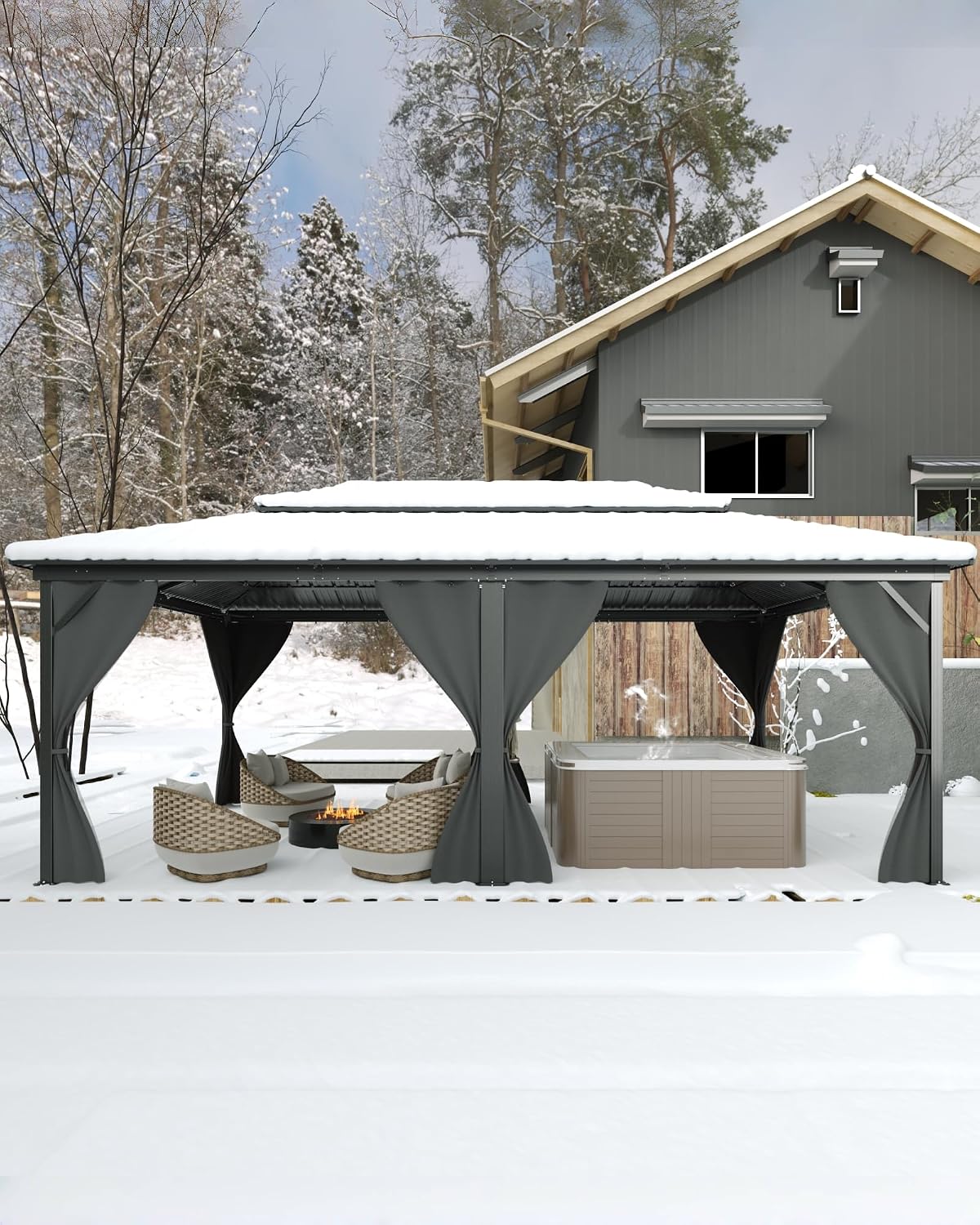 Hardtop Gazebo 12 ft x20 ft for All Weather, with Double Metal Roof, Net, and Curtain, Permanent Building and Garden