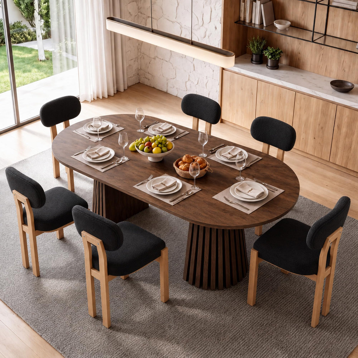 7-Piece Extendable Dining Table Set, 70" Walnut Table with 6 Black Chairs