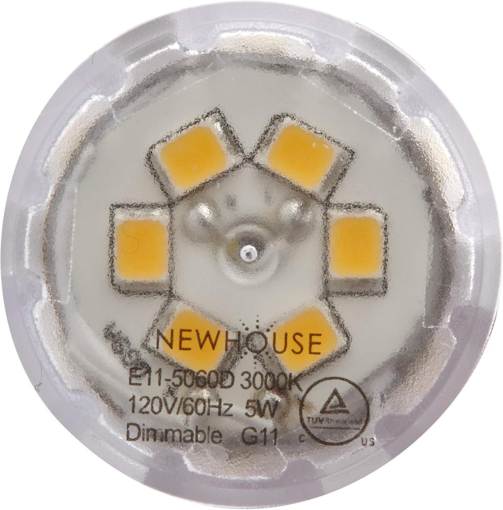 5W (60W Equiv.) E11 Base LED Halogen Replacement Bulb, Mini-Candelabra, 120V, 3000K, 450 Lumens, Dimmable, 4-Pack
