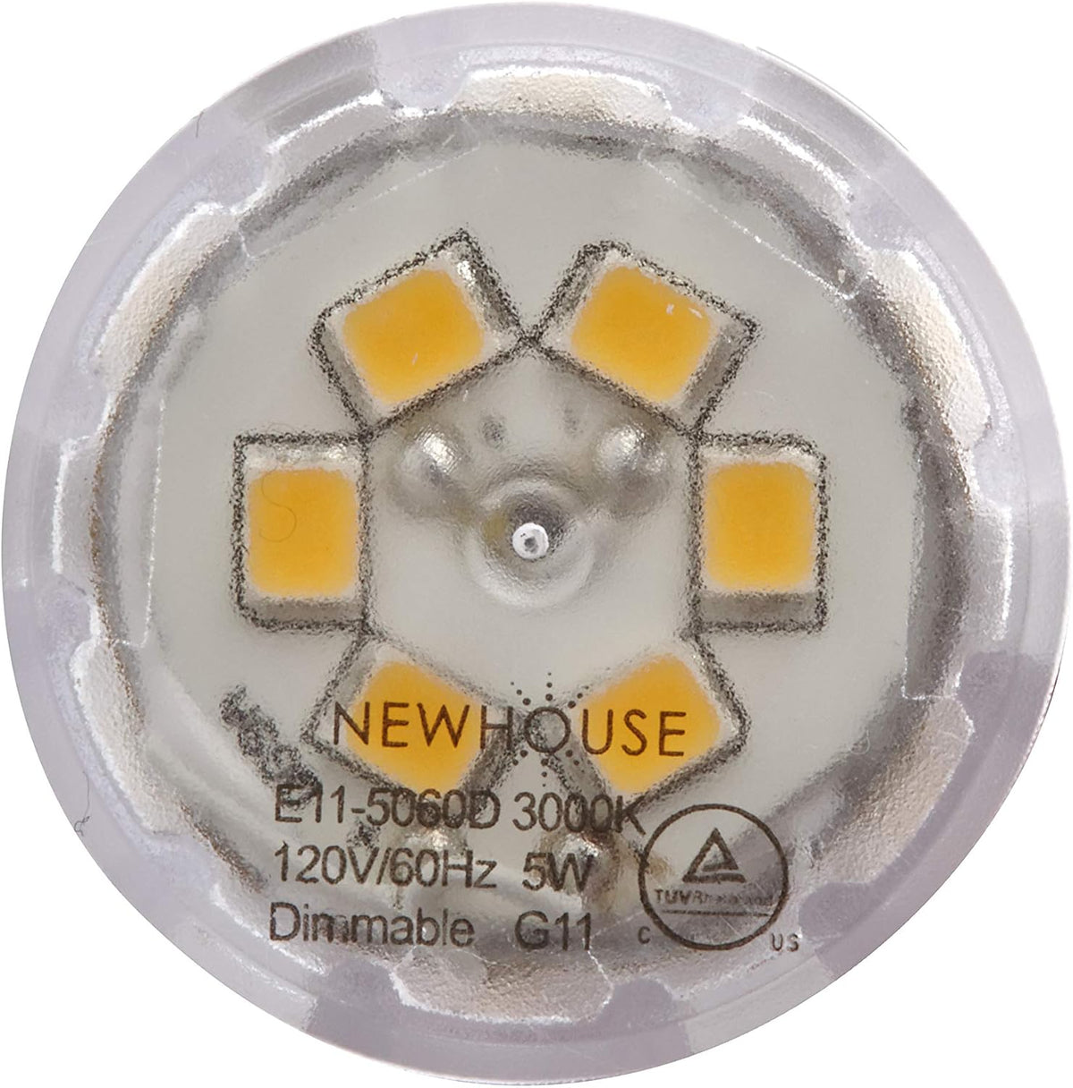 5W (60W Equiv.) E11 Base LED Halogen Replacement Bulb, Mini-Candelabra, 120V, 3000K, 450 Lumens, Dimmable, 4-Pack