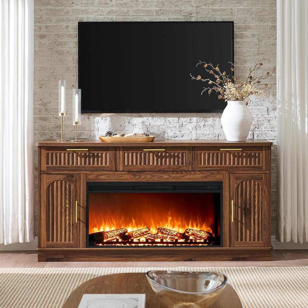 Fireplace TV Stand for 75" TV, 36" Electric Fireplace with Mantel, Walnut