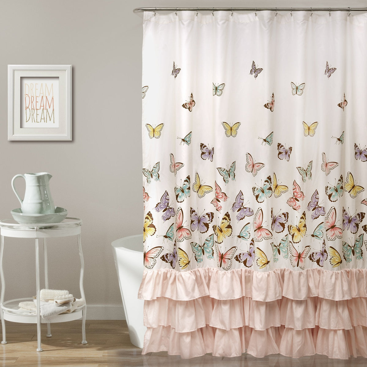 Flutter Butterfly 72" W x 72" L Pink - Fabric Shower Curtains - Ruffle Bathroom Curtain - Pink Decor