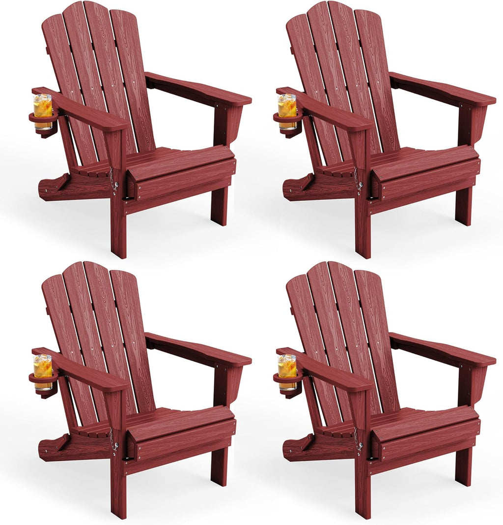Folding Adirondack Chair Set of 4 with Cup Holder, Red | HDPE All-Weather Patio Chairs, Wooden Textured Lawn Chair
