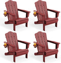 Folding Adirondack Chair Set of 4 with Cup Holder, Red | HDPE All-Weather Patio Chairs, Wooden Textured Lawn Chair