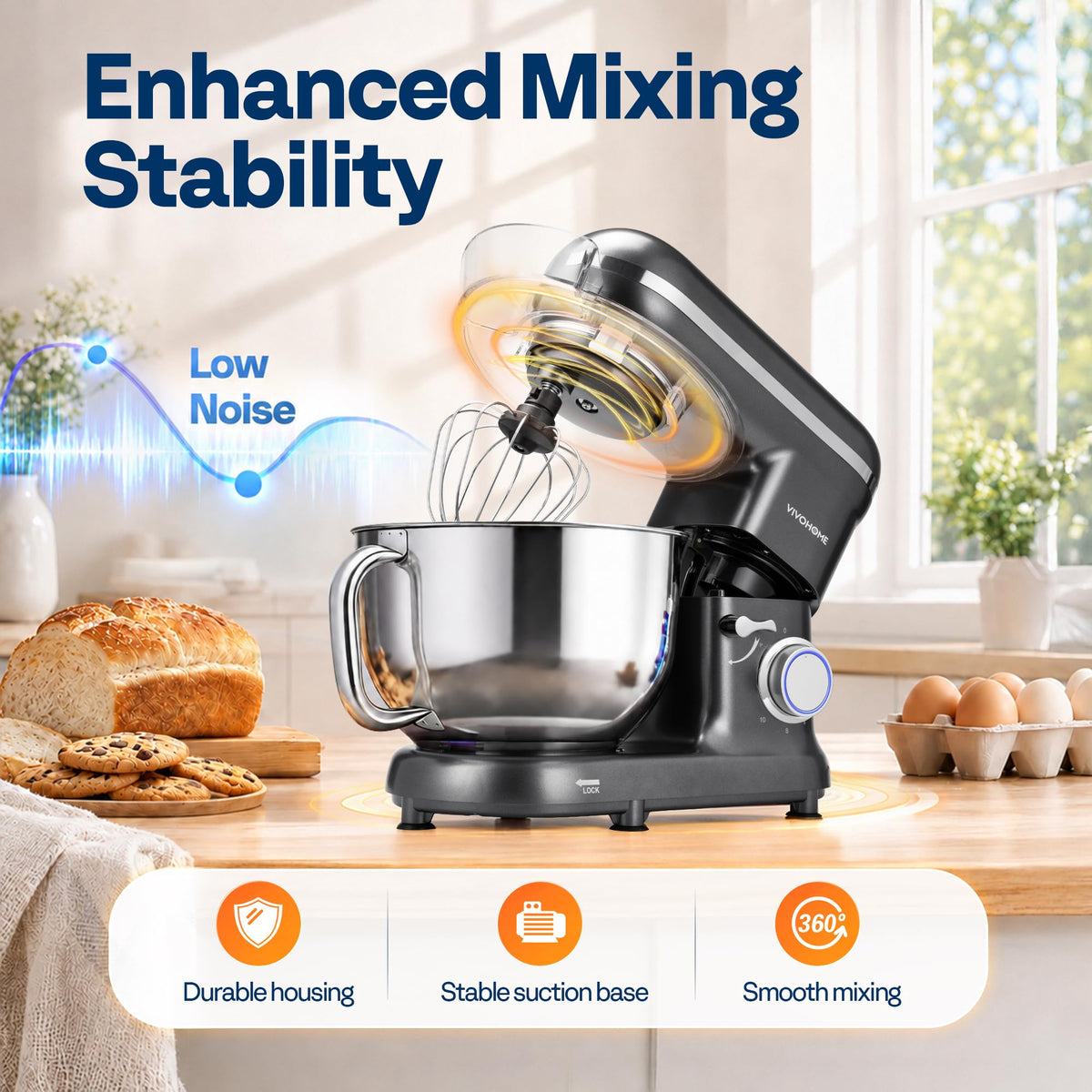 Stand Mixer, 6-Quart Tilt-Head Kitchen Mixer with Bowl, Gray