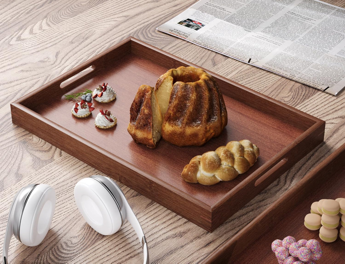Bamboo Set of 2 Serving Tray with Handles, Decorative Trays Platter, Breakfast Tray in Bed, Food Drinks Tray for