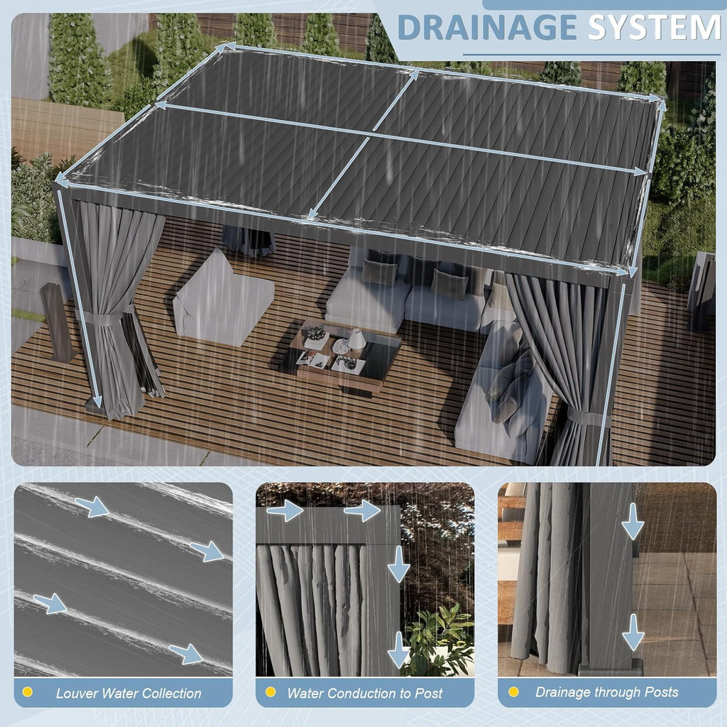 Louvered Pergola 12' x 16' Outdoor Aluminum Pergola Adjustable Roof, with Waterproof Curtains and Nets