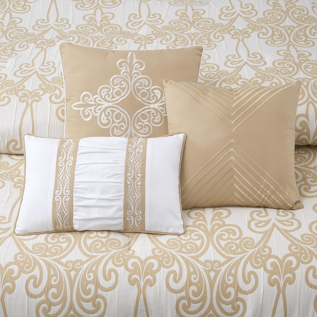 9 Piece Beige Gold Comforter Set, Luxury Jacquard Woven with Modern Scroll Design, Bed in a Bag for