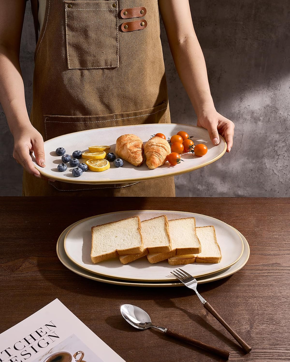 Serving Platters Set of 3 Sizes - Oval, Cappuccino White | 15.59"/14.3"/12.9" Fine Stoneware Serving Trays for Party