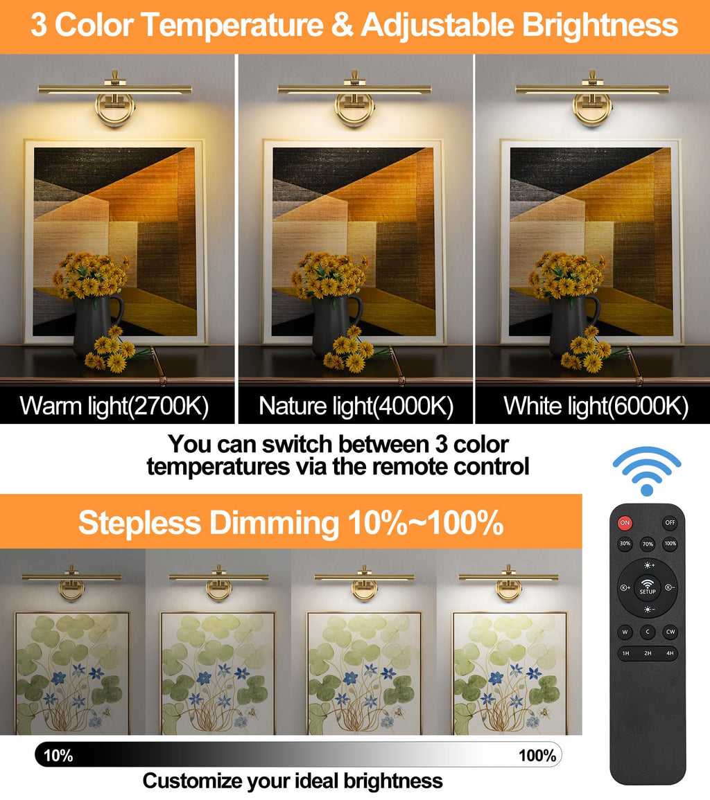 Picture Light for Wall,Battery Operated Art Lights for Painting,3 Color Selections and Brightness, Adjustable