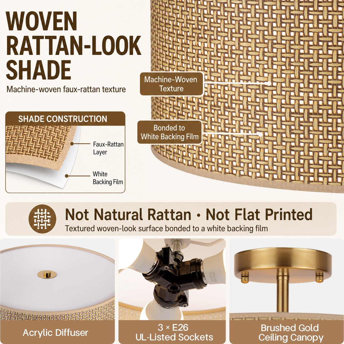13" Rattan-Style Boho Ceiling Light Fixture, 3-Light Modern Semi Flush Mount Lamp with Drum Shade, Rustic Brown