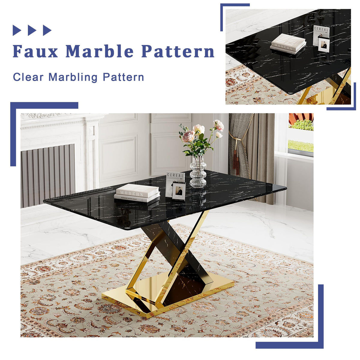 Chromeplate Marble Dining Table Set for 6 with Grey Gold Chairs