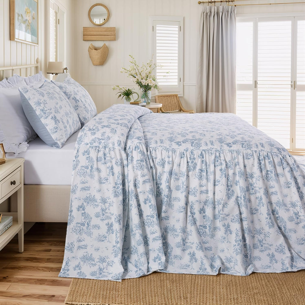 French Country Toile Cotton Bedspread Set Luxury Oversized Blue Toile Bedding, 3-Piece (Bedspread + 2 Quilted Shams)